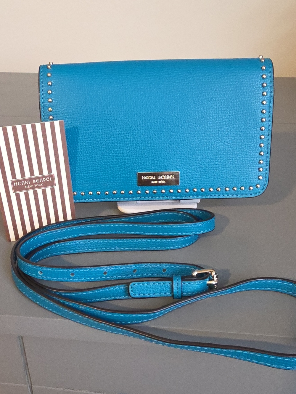 HENRI BENDEL NEW YORK NWOT Teal studded crossbody wallet